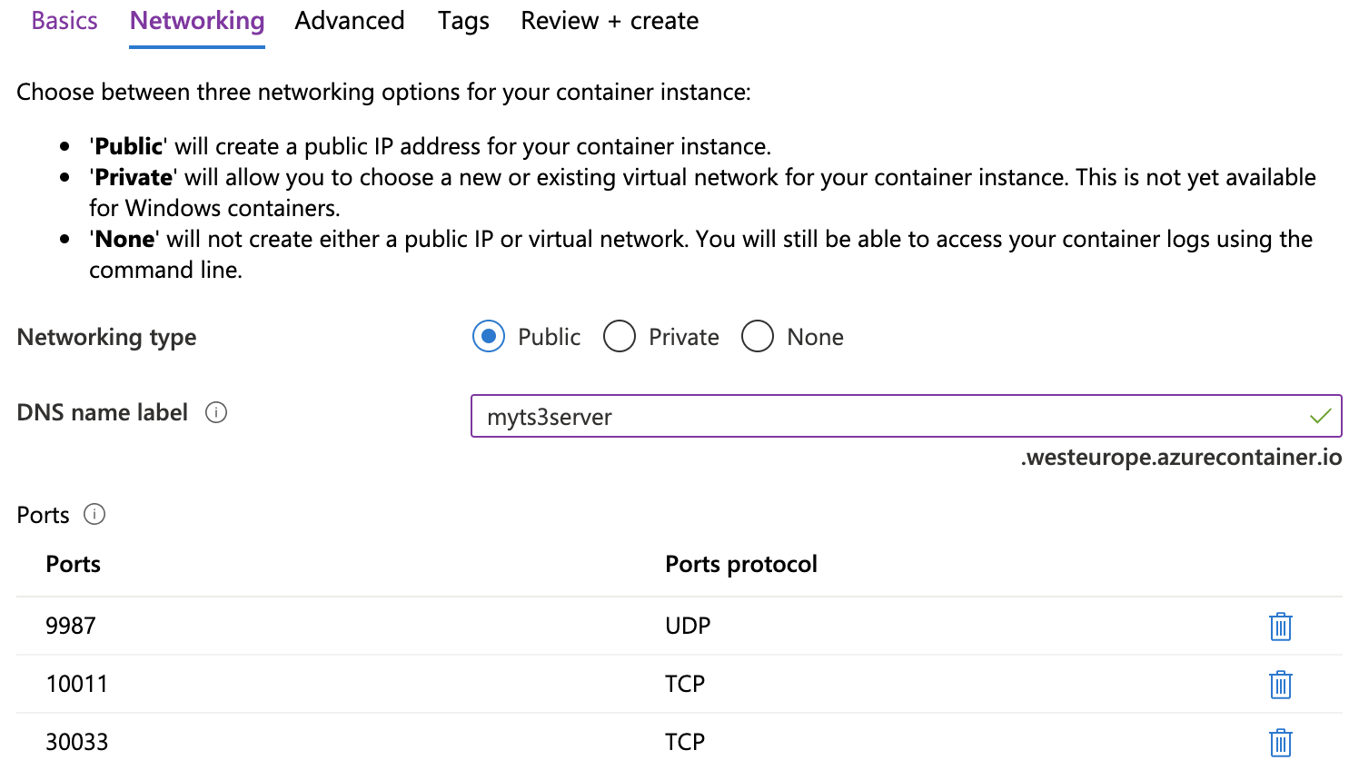 Azure Container Instances wizard step 2